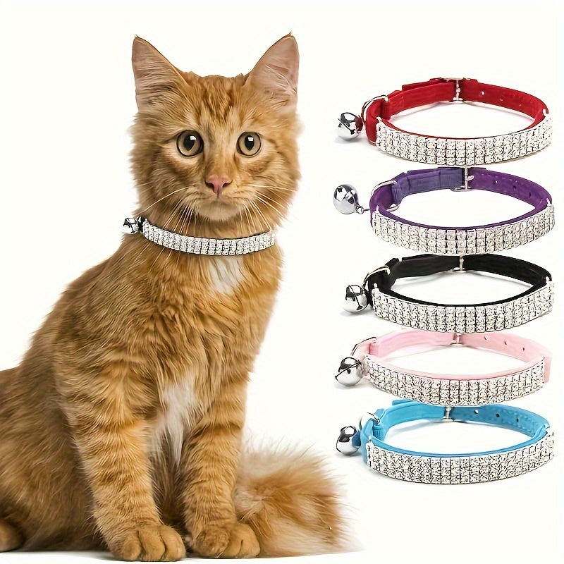 Soft Velvet Cat Collar - Jewelry Turn Drill & Bell, Shiny Neck Collar, Adjustable & Safe Pet Supplies