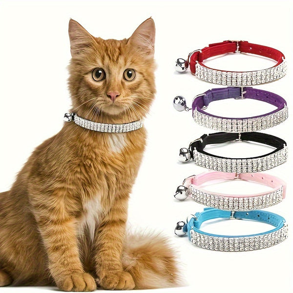 Soft Velvet Cat Collar - Jewelry Turn Drill & Bell, Shiny Neck Collar, Adjustable & Safe Pet Supplies