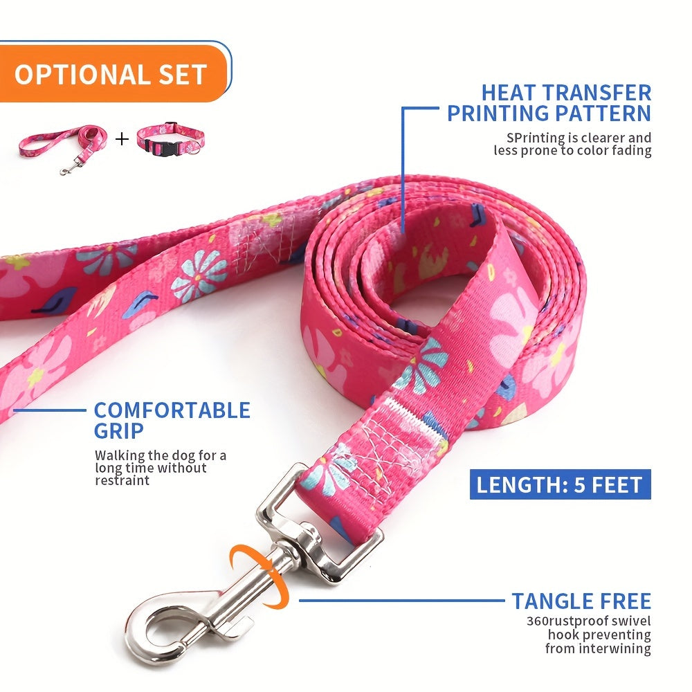 Adjustable Dog Collar with Leash Set, Comfortable Polyester Dog Collar for Small, Medium, Large Dogs, Durable D-Ring, Quick Release Buckle, Heat Transfer Pattern, Pet Supplies