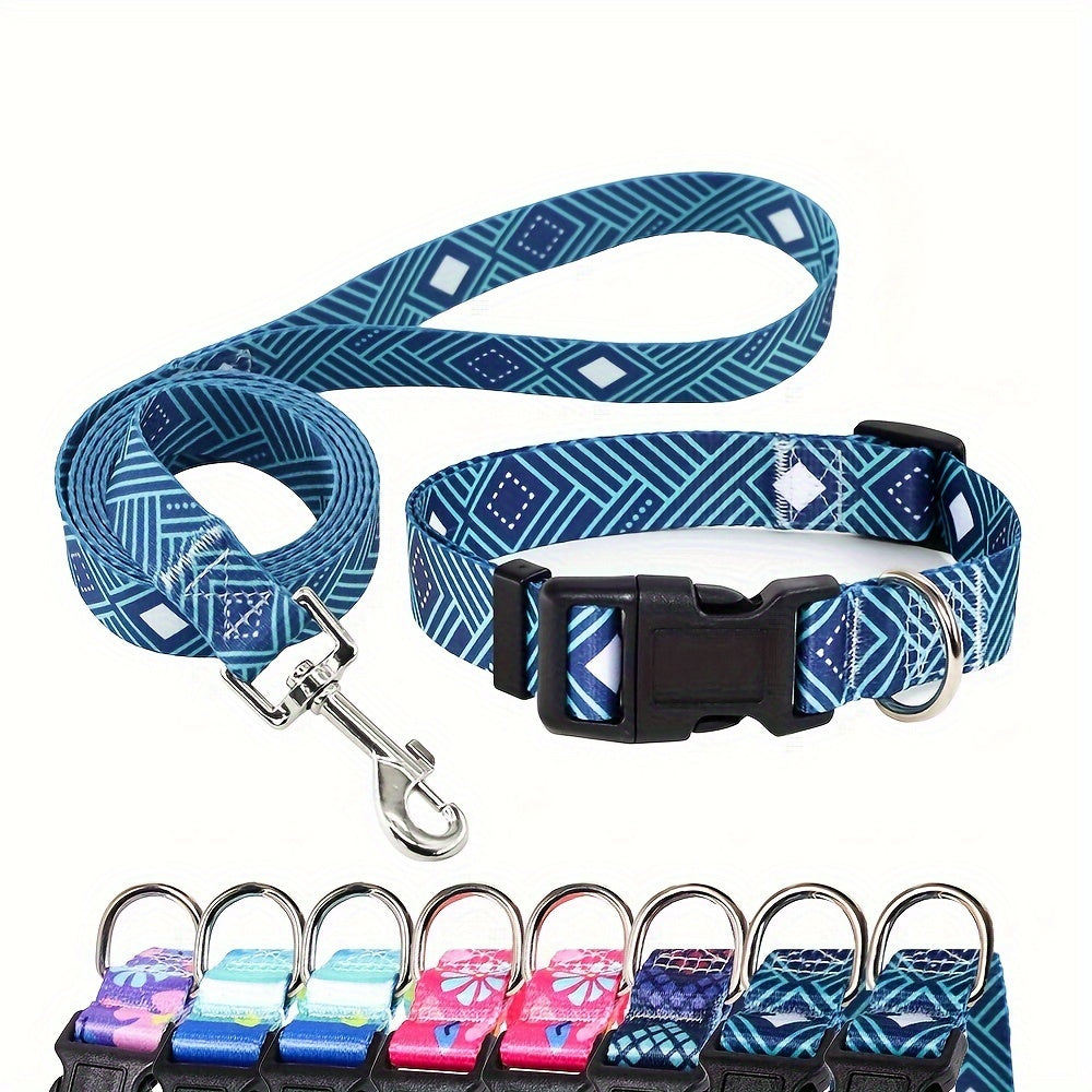 Adjustable Dog Collar with Leash Set, Comfortable Polyester Dog Collar for Small, Medium, Large Dogs, Durable D-Ring, Quick Release Buckle, Heat Transfer Pattern, Pet Supplies