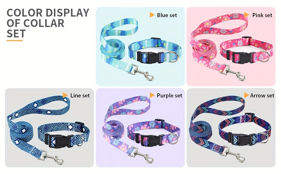 Adjustable Dog Collar with Leash Set, Comfortable Polyester Dog Collar for Small, Medium, Large Dogs, Durable D-Ring, Quick Release Buckle, Heat Transfer Pattern, Pet Supplies