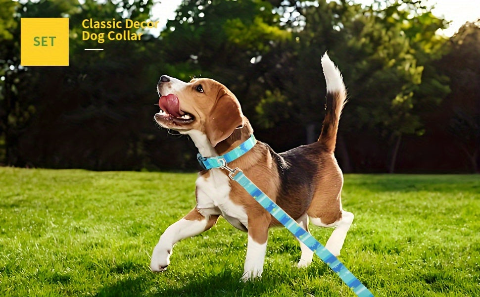 Adjustable Dog Collar with Leash Set, Comfortable Polyester Dog Collar for Small, Medium, Large Dogs, Durable D-Ring, Quick Release Buckle, Heat Transfer Pattern, Pet Supplies