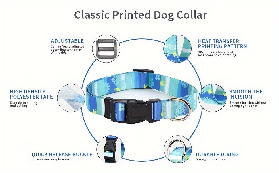 Adjustable Dog Collar with Leash Set, Comfortable Polyester Dog Collar for Small, Medium, Large Dogs, Durable D-Ring, Quick Release Buckle, Heat Transfer Pattern, Pet Supplies