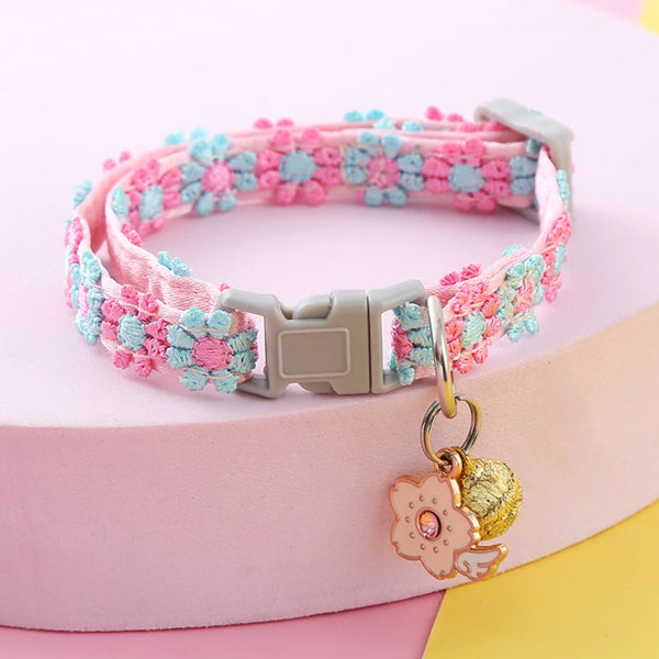 Kitten Rainbow Flower Cat Collar With Bell Adjustable