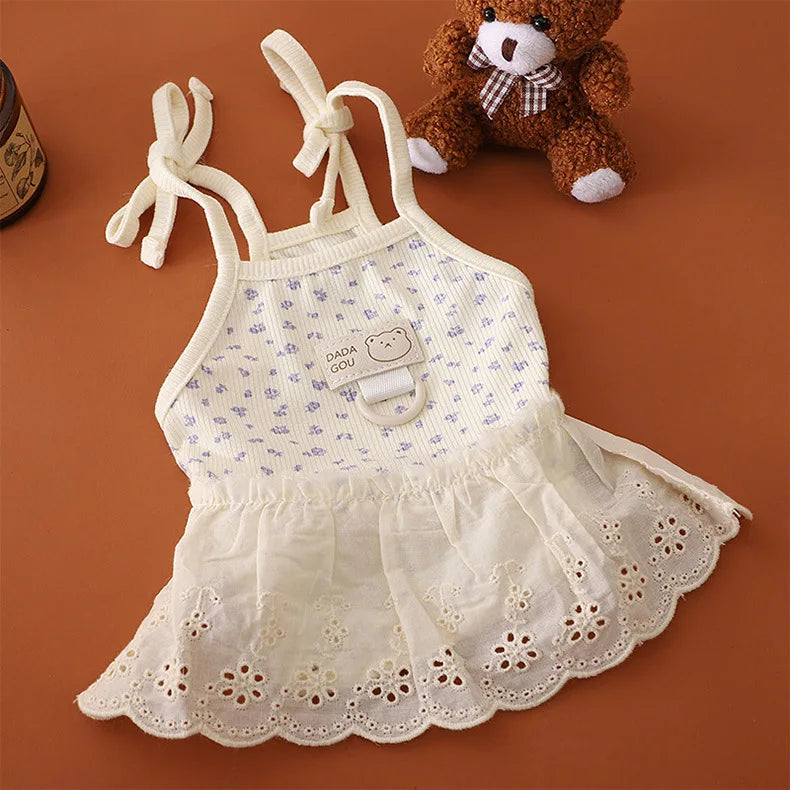 Dog Mesh Floral Camisole Dress Pet Clothing Teddy Breathable Spring/summer Clothing Puppy Can Tow Floral Princess Dress