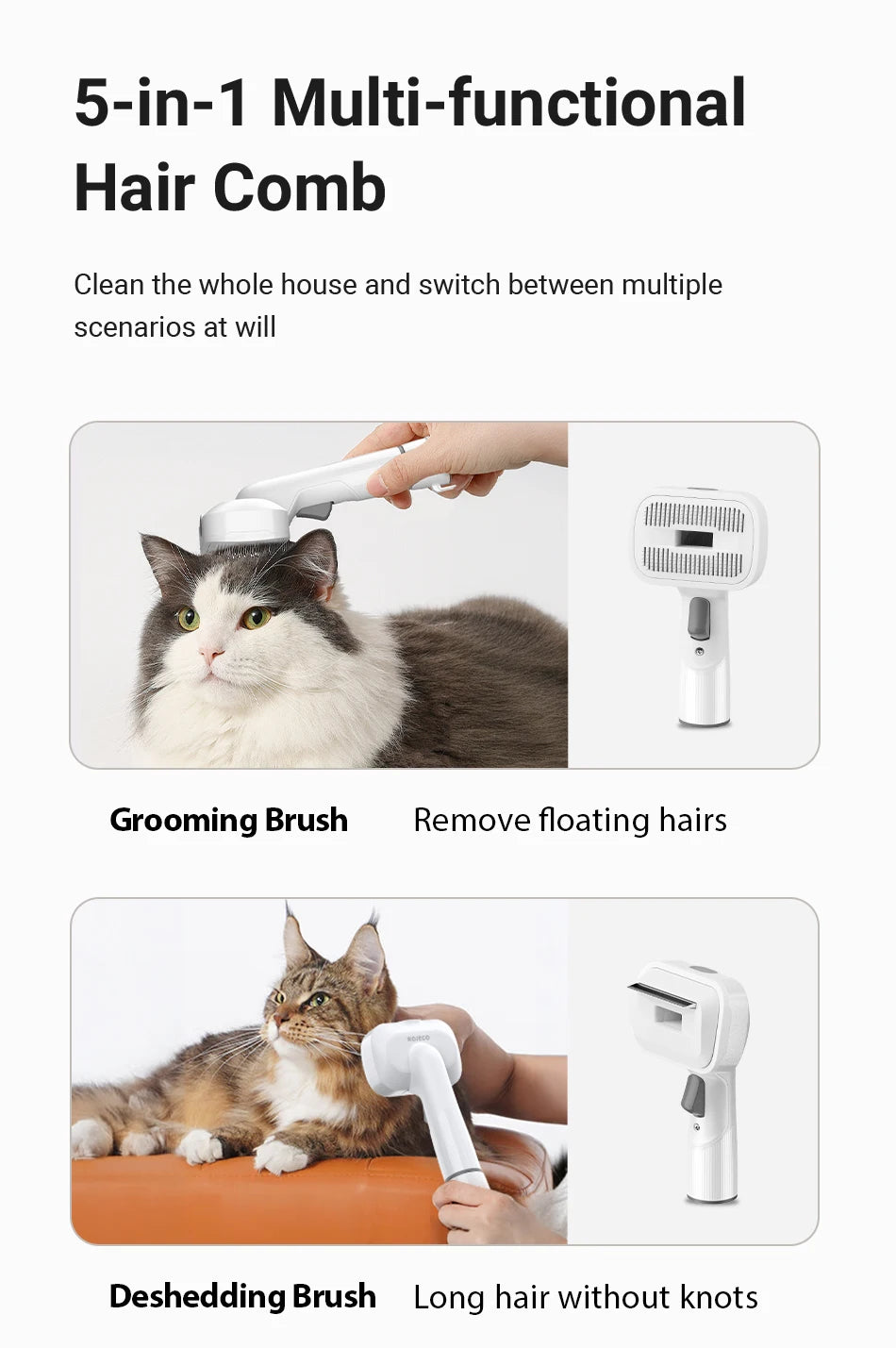 ROJECO Pet Multifunction Grooming Vacuum Kit 5-IN-1 Smart Touch Portable Household Pet Vacuum Cleaner for Cat Dog Hair Groomer