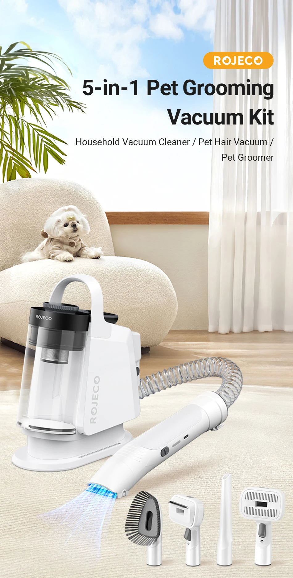 ROJECO Pet Multifunction Grooming Vacuum Kit 5-IN-1 Smart Touch Portable Household Pet Vacuum Cleaner for Cat Dog Hair Groomer