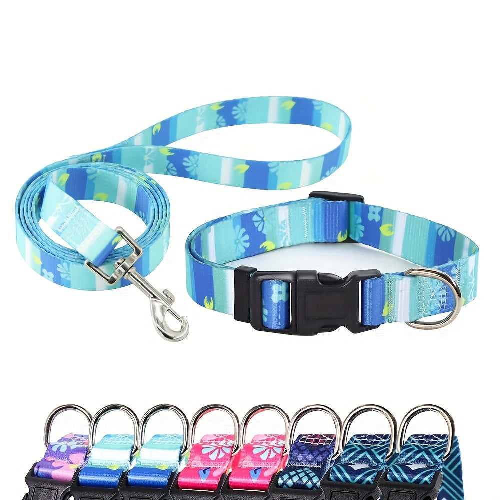 Adjustable Dog Collar with Leash Set, Comfortable Polyester Dog Collar for Small, Medium, Large Dogs, Durable D-Ring, Quick Release Buckle, Heat Transfer Pattern, Pet Supplies