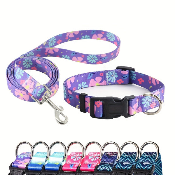 Adjustable Dog Collar with Leash Set, Comfortable Polyester Dog Collar for Small, Medium, Large Dogs, Durable D-Ring, Quick Release Buckle, Heat Transfer Pattern, Pet Supplies