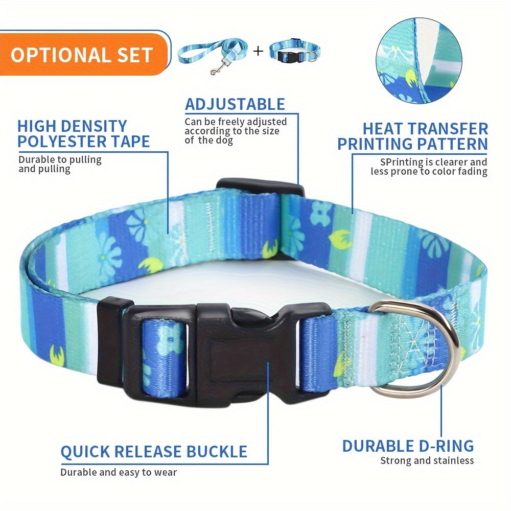 Adjustable Dog Collar with Leash Set, Comfortable Polyester Dog Collar for Small, Medium, Large Dogs, Durable D-Ring, Quick Release Buckle, Heat Transfer Pattern, Pet Supplies