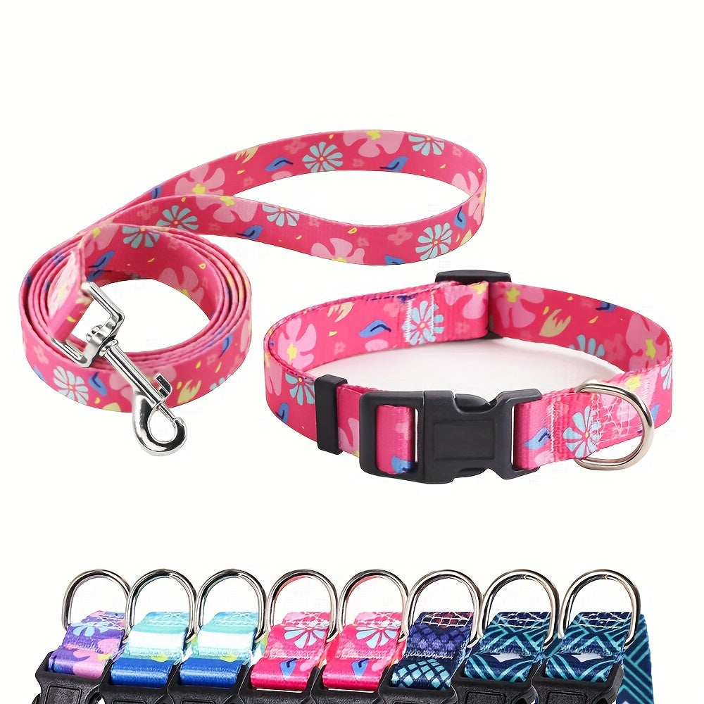 Adjustable Dog Collar with Leash Set, Comfortable Polyester Dog Collar for Small, Medium, Large Dogs, Durable D-Ring, Quick Release Buckle, Heat Transfer Pattern, Pet Supplies