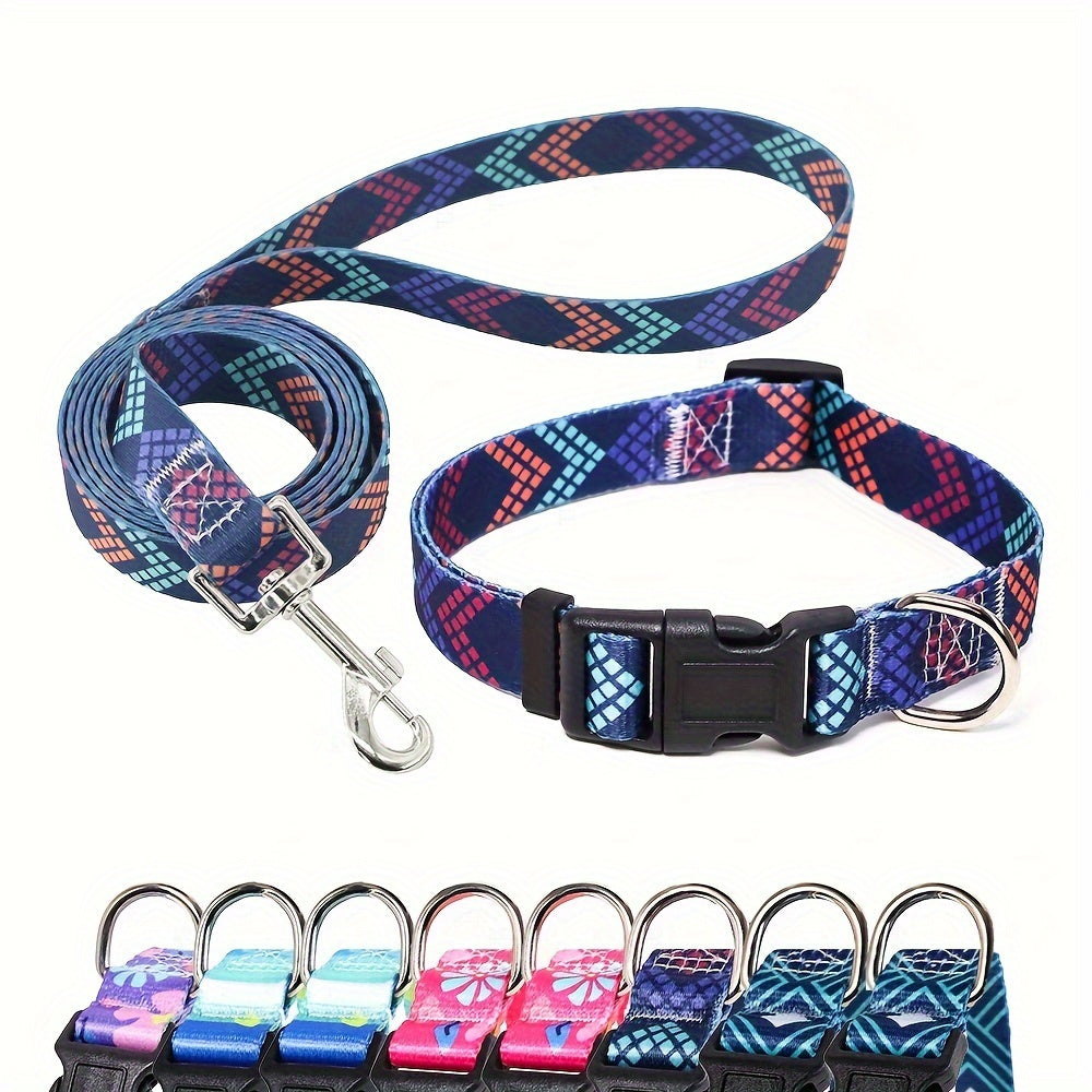 Adjustable Dog Collar with Leash Set, Comfortable Polyester Dog Collar for Small, Medium, Large Dogs, Durable D-Ring, Quick Release Buckle, Heat Transfer Pattern, Pet Supplies